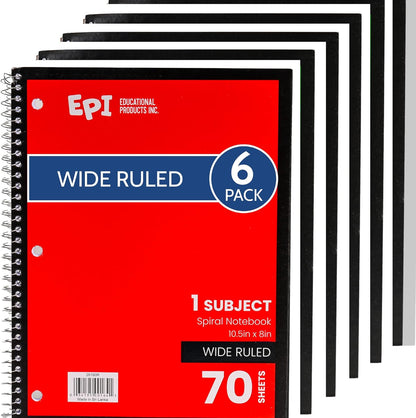 EPI Spiral Notebook | Wide - 70 Sheets, Durable Spiral Binding | 10.5 x 8 in | Classroom Supplies | School, Office, Note Taking, Journaling - 12 Pack