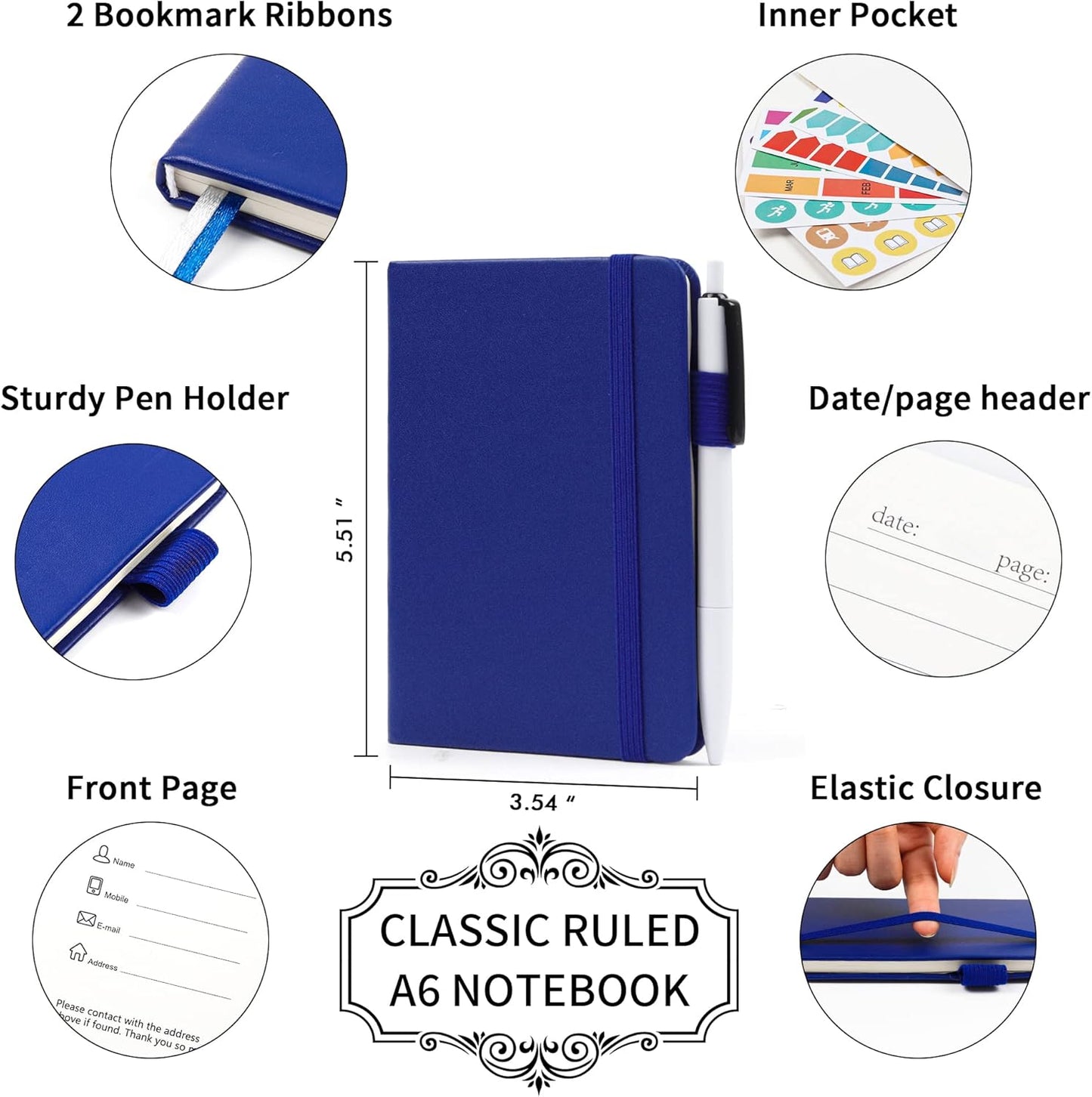 feela 3 Pack Pocket Notebook Journals with 3 Black Pens, A6 Mini Cute Small Journal Notebook Bulk Hardcover College Ruled Notepad with Pen Holder for Office School Supplies, 3.5”x 5.5”, Gray