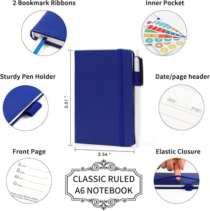 feela 3 Pack Pocket Notebook Journals with 3 Black Pens, A6 Mini Cute Small Journal Notebook Bulk Hardcover College Ruled Notepad with Pen Holder for Office School Supplies, 3.5”x 5.5”, Gray