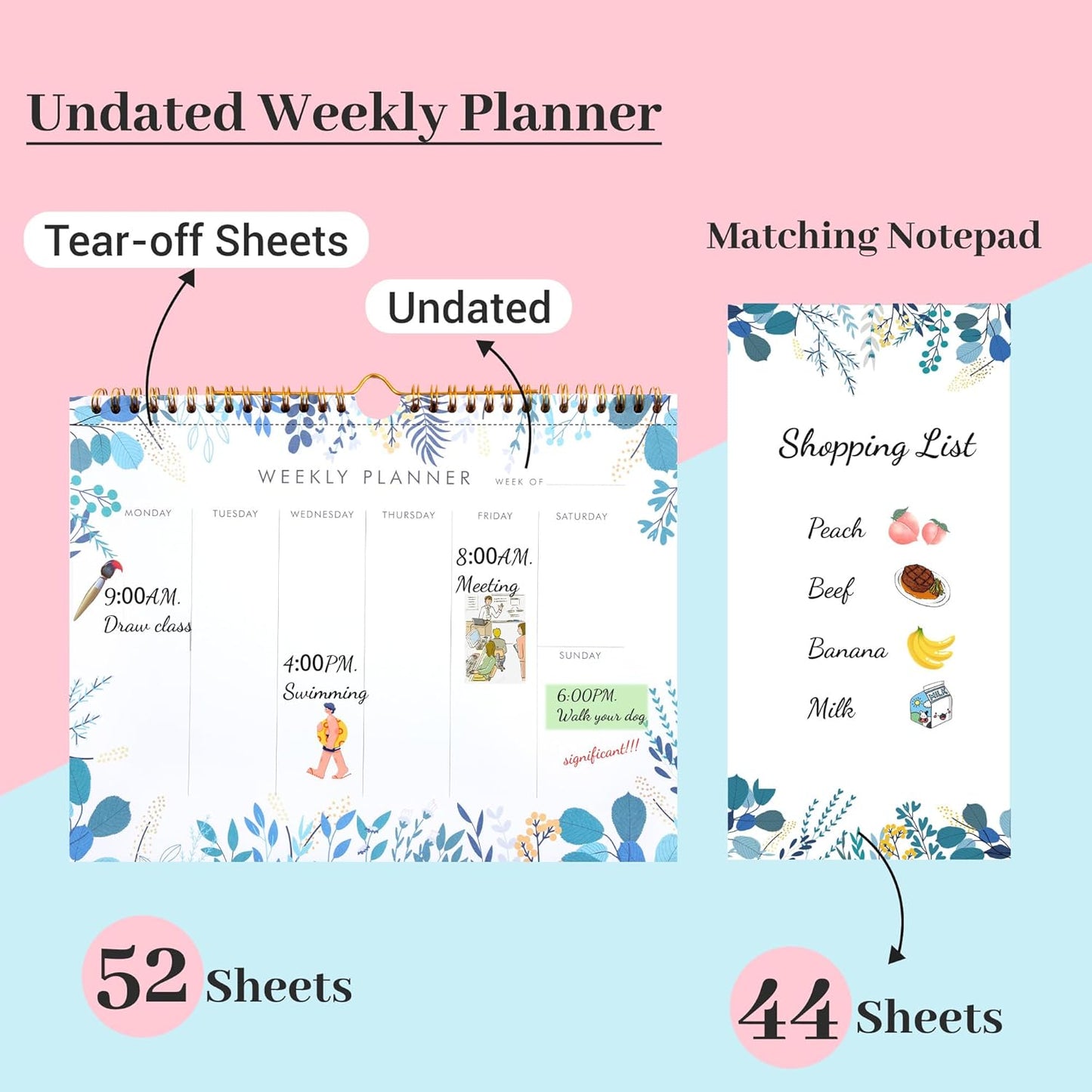 Weekly Planner Notepad Tear Off Set of 2 Weekly Calendar Pad 52 Undated To Do List Notepad Sheets Desk Planner Planning Pads Productivity Tracker for Work Goals Notes Schedule Ideas, Floral Blue