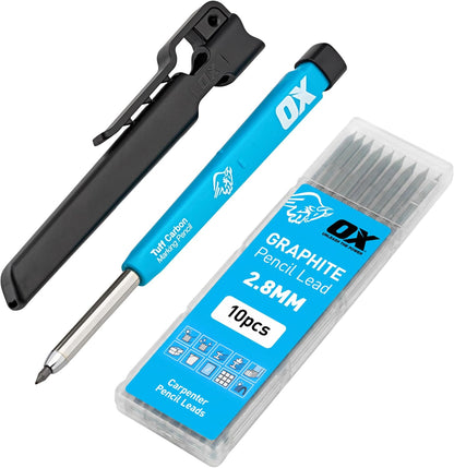OX Tools 2.88 mm Tuff Carbon Marking Carpenter Pencil Lead Refills – 10 Pack Break Resistant Graphite Replacements for Construction, Woodworking & Deep‑Hole Mechanical Pencils