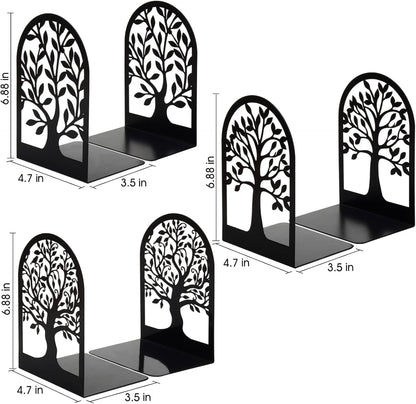 HappyHapi Book Ends, Metal Bookends for Shelves Decorative, Tree Stopper for Heavy Books, Black Ends to Hold Books for Home Office, 6.5 X 4.7 X 3.5 Inch(3 Pairs/6 Pcs, Large)