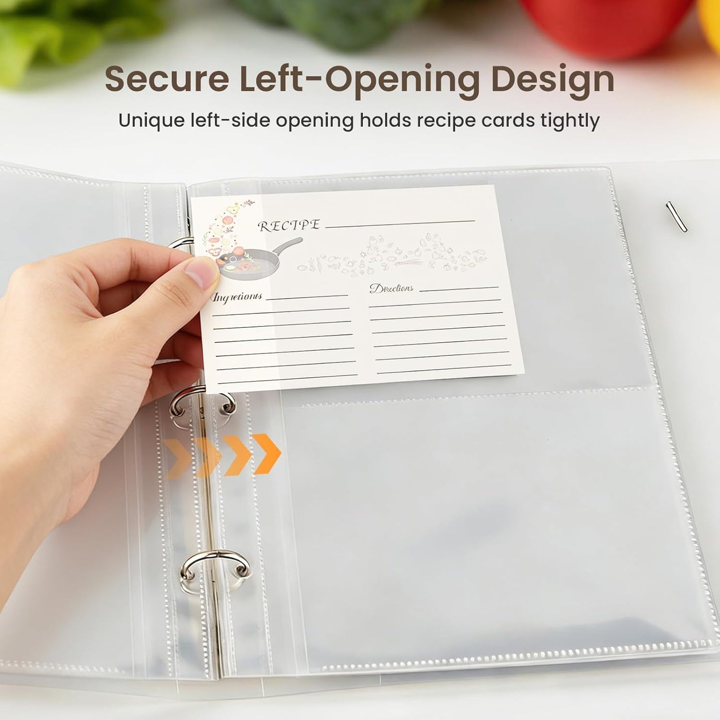 50 Pack Recipe Card Page Protectors, 4x6 Inch Recipe Card Sleeves, Sheet Protectors for 3 Ring Binder 8.5x9.5 Inch, 2 Pockets Per Page, Recipes Binder Refill Pages with 12 Tab Stickers