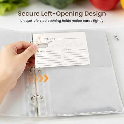 50 Pack Recipe Card Page Protectors, 4x6 Inch Recipe Card Sleeves, Sheet Protectors for 3 Ring Binder 8.5x9.5 Inch, 2 Pockets Per Page, Recipes Binder Refill Pages with 12 Tab Stickers