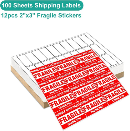 MFLABEL Half Sheet Shipping Labels - 200 Self Adhesive Sticker Sheets for Laser & Inkjet Printers, Waterproof & Smudge-Free, with 12 Free Fragile Labels for Packaging, Shipping and Crafting - Colors A