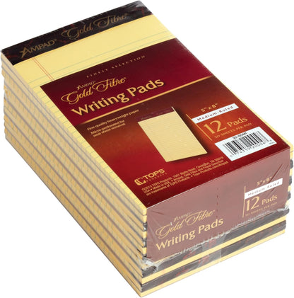 Ampad 20004 Gold Fibre Writing Pads, College/Medium, 5 x 8, Canary, 50 Sheets (Case of 12 Pads)