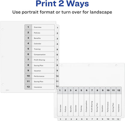 Avery Dividers for 3 Ring Binders, 12 Tabs per Set, Customizable Table of Contents, Classic White Tabs, Great for Organizing Reports, Projects, and More (3 Sets of 11078)
