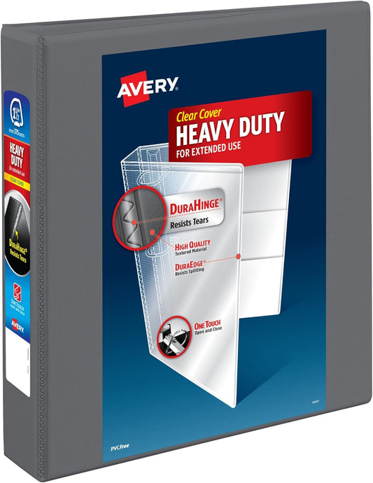 Avery Heavy-Duty View 3 Ring Binder, 1.5 Inch One Touch Slant Rings, 375-Sheet Capacity, DuraHinge, 2.1 Inch Wide Spine, Customizable Clear Cover and Spine, 1 Dark Gray Binder (79866)