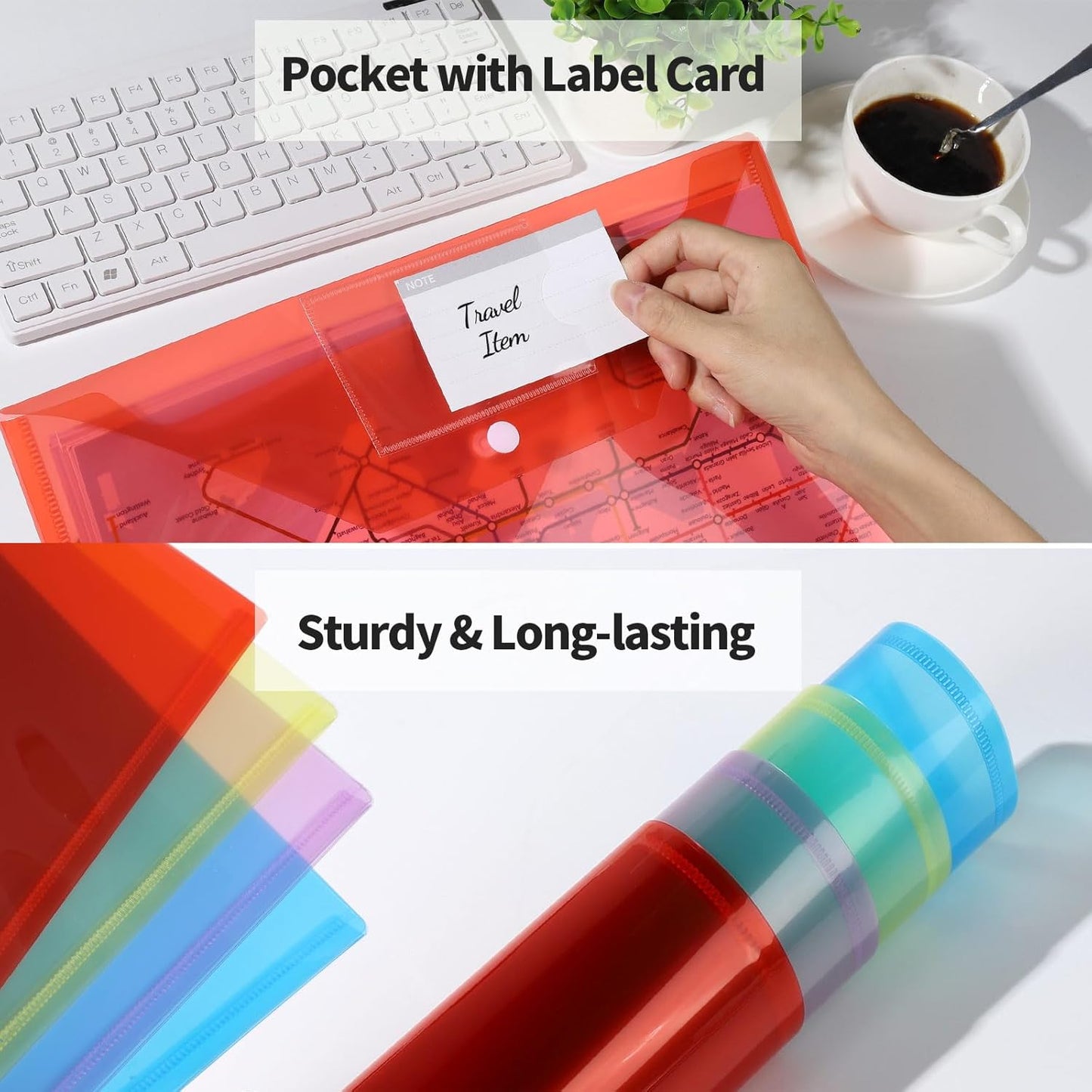 LEOBRO Plastic File Folders with Pocket, 24PCS Plastic Envelopes with Snap Closure, Folders for Documents, Reusable File Bags, A4 Size