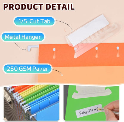 25-Pack Green Hanging File Folders, Letter Size (8.5" x 11") with 1/5-Cut Tabs,Includes 35 Transparent Label Cards & 50 Sticker Labels for Home & Office Organization