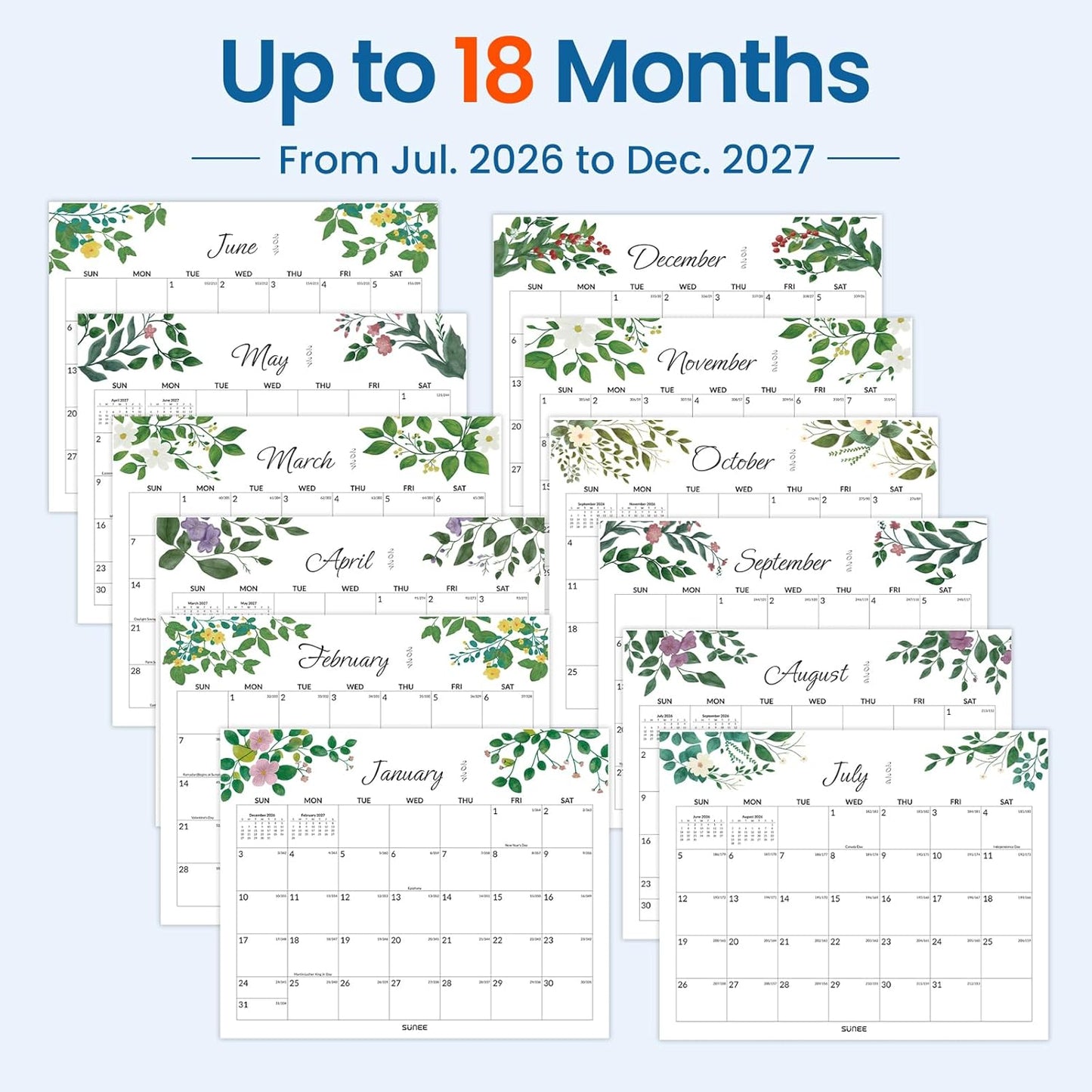 SUNEE Wall Calendar 2026 21 Months Apr. 2026 - Dec. 2027, 14.5"x11.5" Big Grid Hanging Calendar with Note for Organizing & Planning, Monthly Calendar 2026-2027 with Last Month and Next Month, White