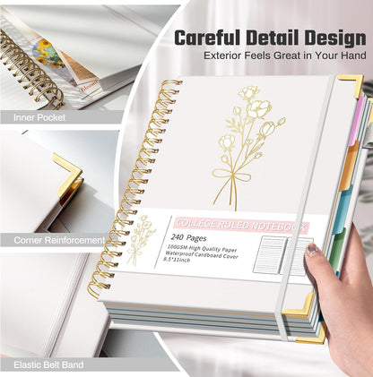 Hardcover Spiral Notebooks 8.5" X 11" Note Taking 5 Subject Notebook College Ruled with Dividers 240 Pages 100GSM Aesthetic Spiral Notebook for Work School Cute Journals for Women Writing