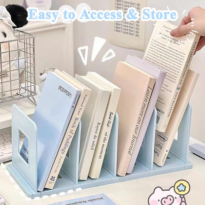 SAYEEC Desk File Sorter Vertical Desktop File Folder Organizer 4 Section Plastic Book Holder Adjustable Shelf Dividers Closet Purse Handbag Mail Binder Organizer Magazine Rack Stand Bookshelf (Pink)