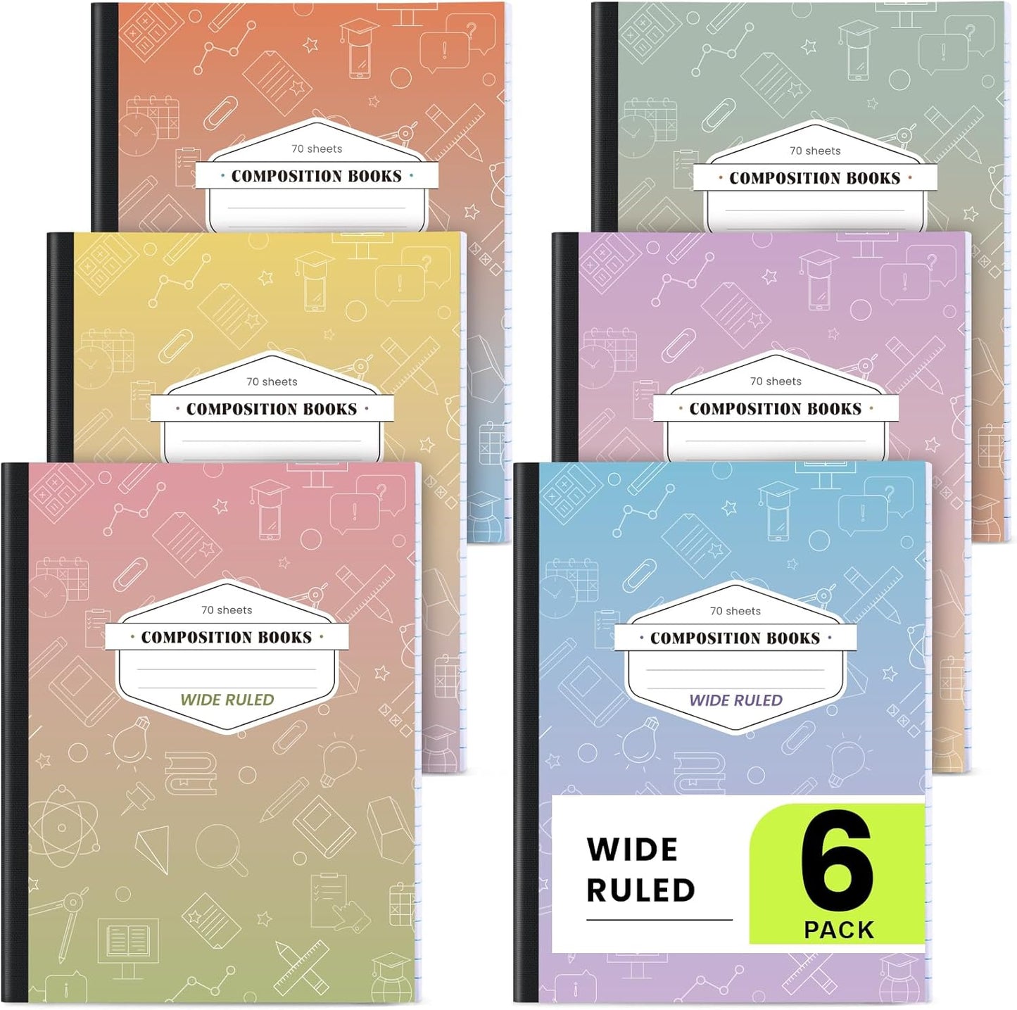Oucaru Composition Notebook 6 Pack College Ruled, Gradient Cover Notebooks for School, 70 Sheets 7-1/2"x9-3/4, Back to School Supplies Journal for K-12 Students