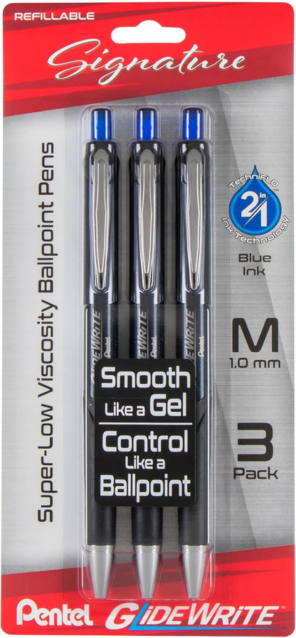 Pentel Glidewrite Signature Ballpoint Pen, (1.0mm) Medium, White Barrel, Blue Ink, Pack of 3 (BX930WBP3C)