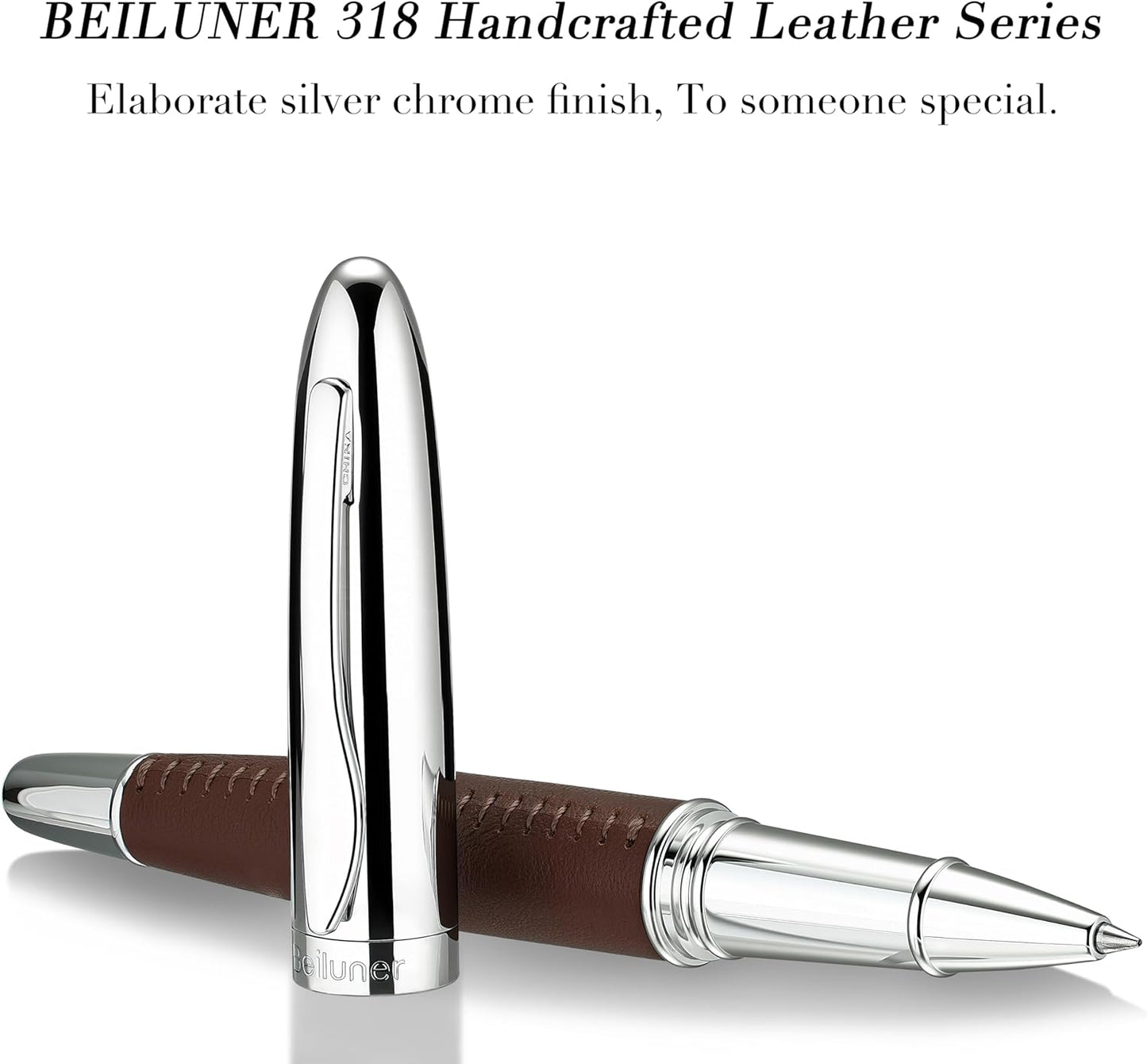 BEILUNER 318 Luxury Leather Pen, Hand-Stitched Premium Leather, Chrome-Plated Finish, Schmidt Ink Refill, Best Rollerball Pen Gift for Men & Women, Refillable, Executive Writing, Nice Pens