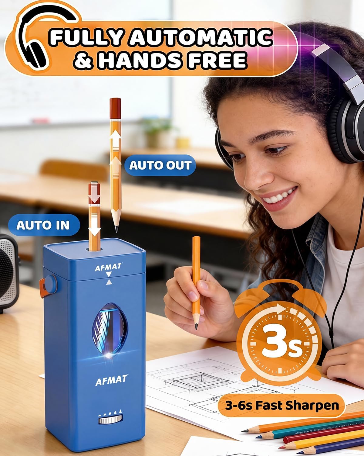 AFMAT Electric Pencil Sharpener, Rechargeable & Cordless, Fully Automatic Pencil Sharpener for Classroom, Auto in & Out, 5 Sharpness Modes, Heavy Duty Sharpeners for 6-12mm No.2/Jumbo Pencils PSC7
