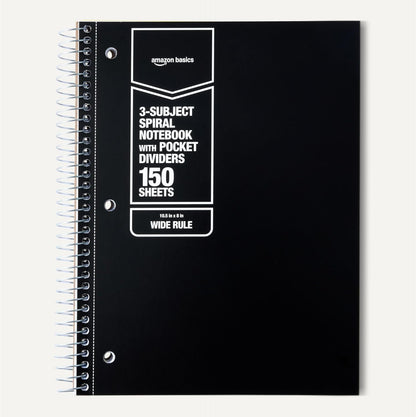 Amazon Basics Wide Ruled 3-Subject Spiral Notebooks with Pocket Dividers, 150 Sheets, 10.5" x 8", Assorted Primary Colors, 3-Pack