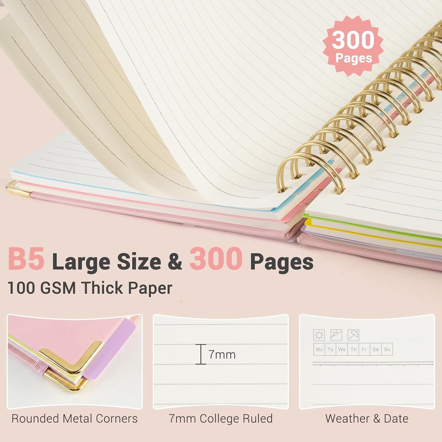 Hardcover Spiral Journal Notebook, 300 Pages 5 Subject Notebook College Ruled with Removable Dividers Tabs, 8" x 10" Notebooks for Work, Spiral Ruled Lined Writing Journal Hardcover Leather Notebook for School (Black, 8''x 10'')