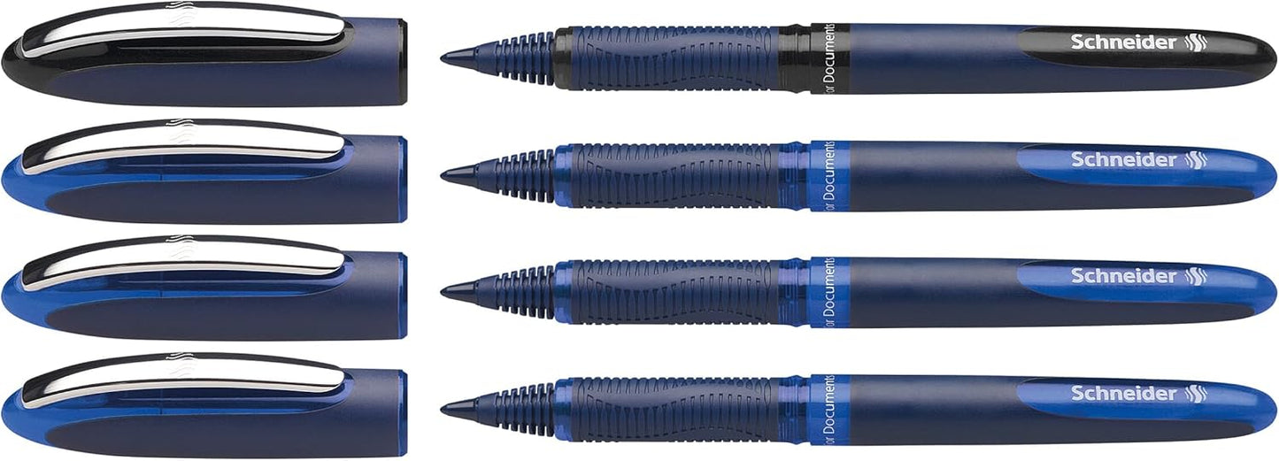 Schneider One Business Rollerball Pen, 0.6 mm Ultra-Smooth Tip, Blue Barrel, Black Ink, Box of 10 Pens (183001)