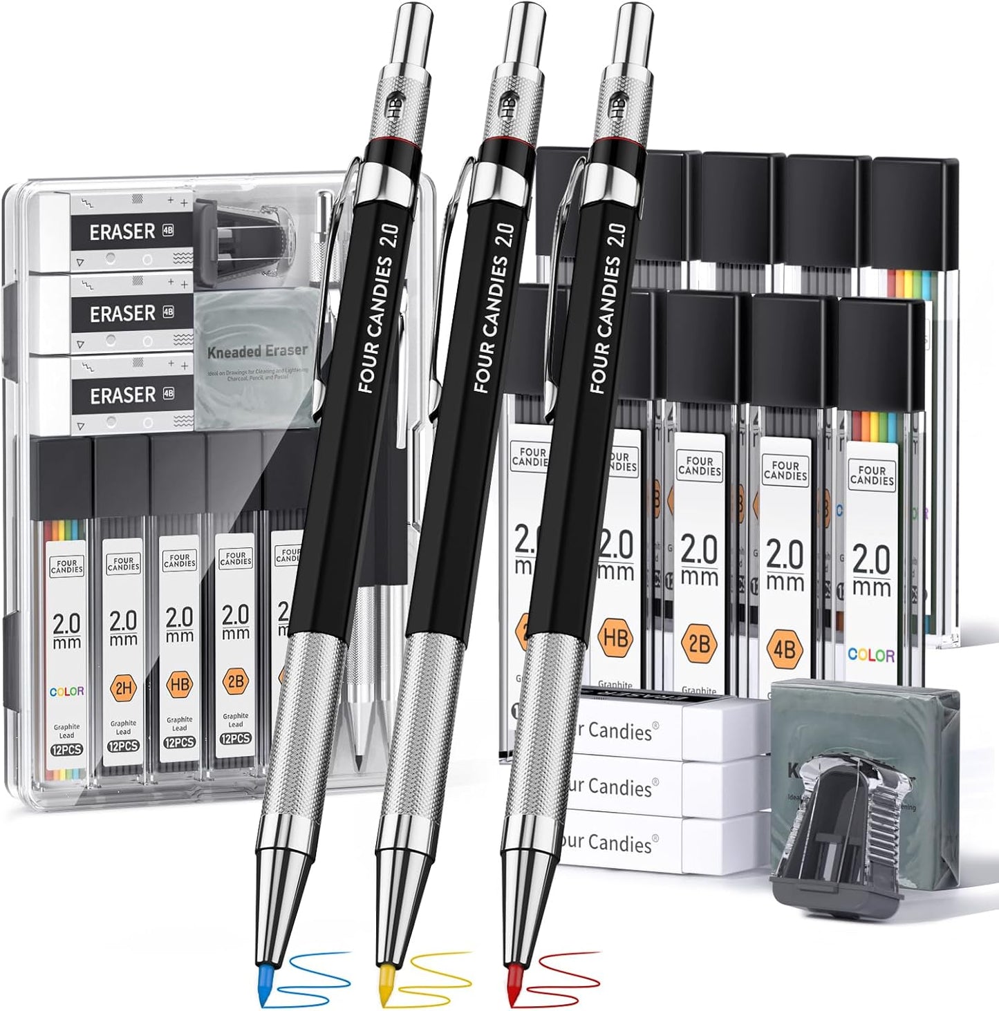Four Candies 2MM Mechanical Pencil Set with case, Artist Led Pencil Metal Lead Holder with 60PCS Graphite Lead Refill (HB, 2H, 2B, 4B, Color) Kneaded Eraser, Sharpener for Writing, Drawing, Sketching