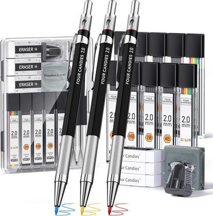 Four Candies 2MM Mechanical Pencil Set with case, Artist Led Pencil Metal Lead Holder with 60PCS Graphite Lead Refill (HB, 2H, 2B, 4B, Color) Kneaded Eraser, Sharpener for Writing, Drawing, Sketching