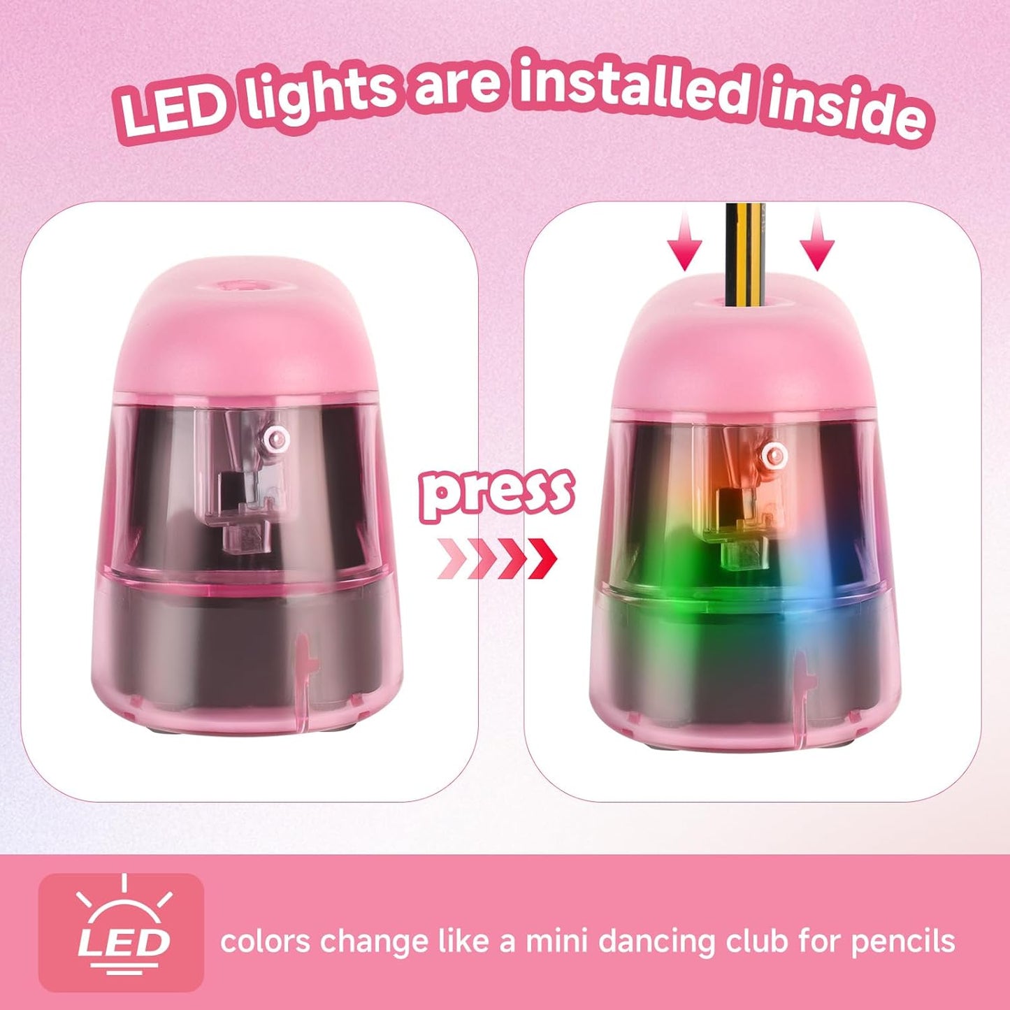Battery-Operated Electric Pencil Sharpener with LED Light – Compact & Portable Pencil Sharpener for Home, School, or Office Use (Pink)