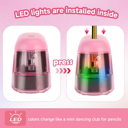Battery-Operated Electric Pencil Sharpener with LED Light – Compact & Portable Pencil Sharpener for Home, School, or Office Use (Pink)