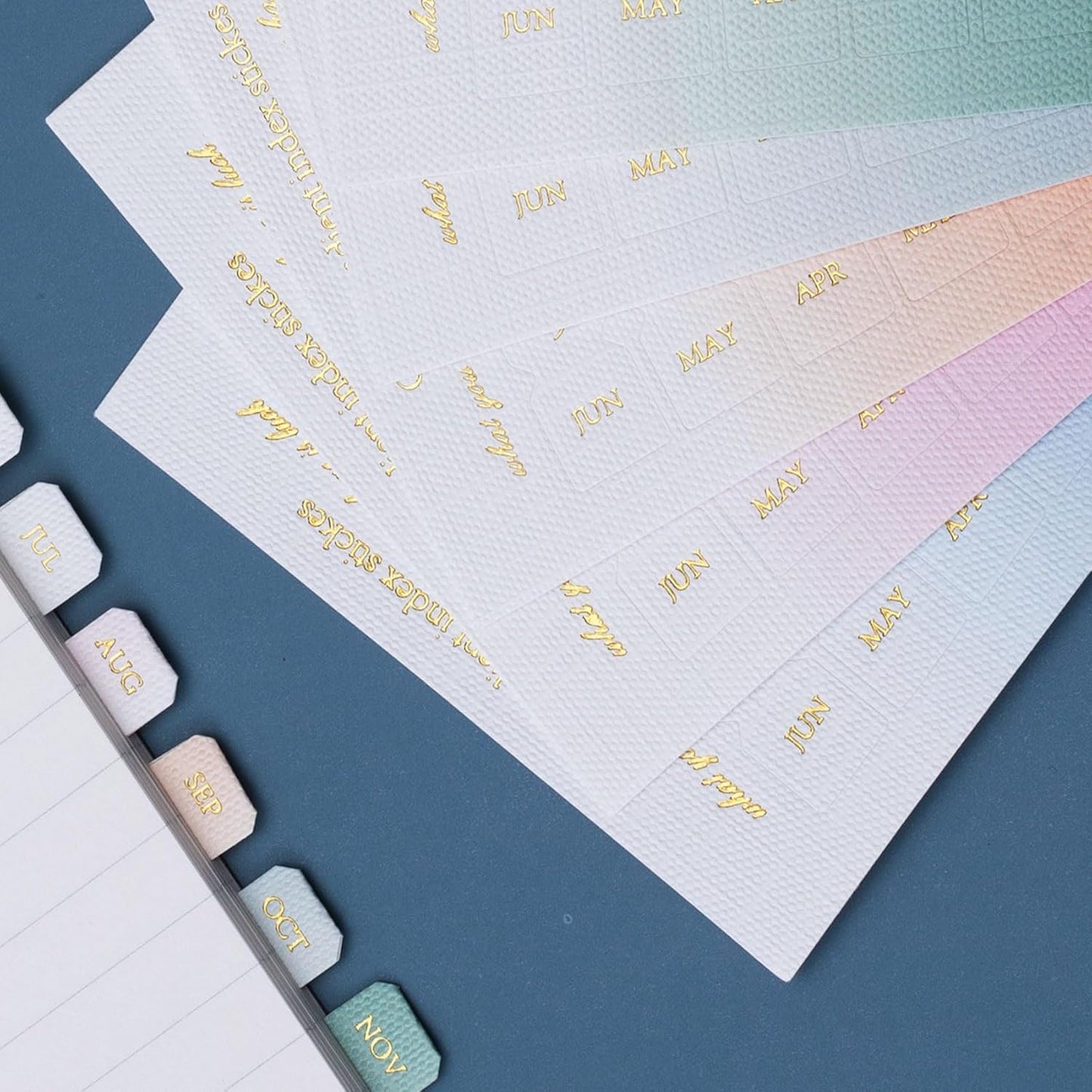 OIIKI 180pcs Planner Monthly Tabs, Self-Adhesive Index Tabs Stickers, Gradient Sticky Page Markers Labels for Document Notebooks Books Project Binders Office- 5 Colors(D Style)