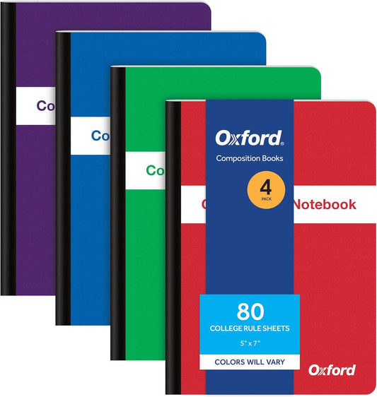 Oxford Poly Composition Small Notebooks, 4 Pack, Cover Colors Vary, Durable, Water-Resistant Poly, College Ruled Paper, 5 x 7 Inch School Journals, Assorted Color Covers, 80 Sheets per Book (64933)