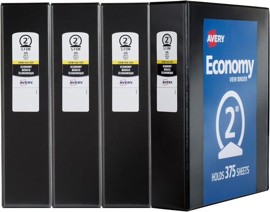 Avery Standard View 3 Ring Binders, 2" Round Rings, 375-Sheet Capacity, 2.8 Inch Wide Spine, Black Binders, Ideal for Lightweight Organization and Occasional Referencing (4-Pack of 19205)