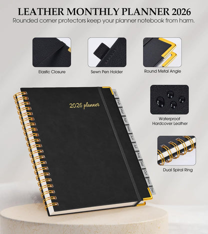 2026 Planner, Weekly and Monthly Calendar Planner from January 2026 - December 2026, 8.5" x 11" Hardcover Leather Hourly Appointment Book with Tabs, Spiral Daily Planners for School Work Home, Green