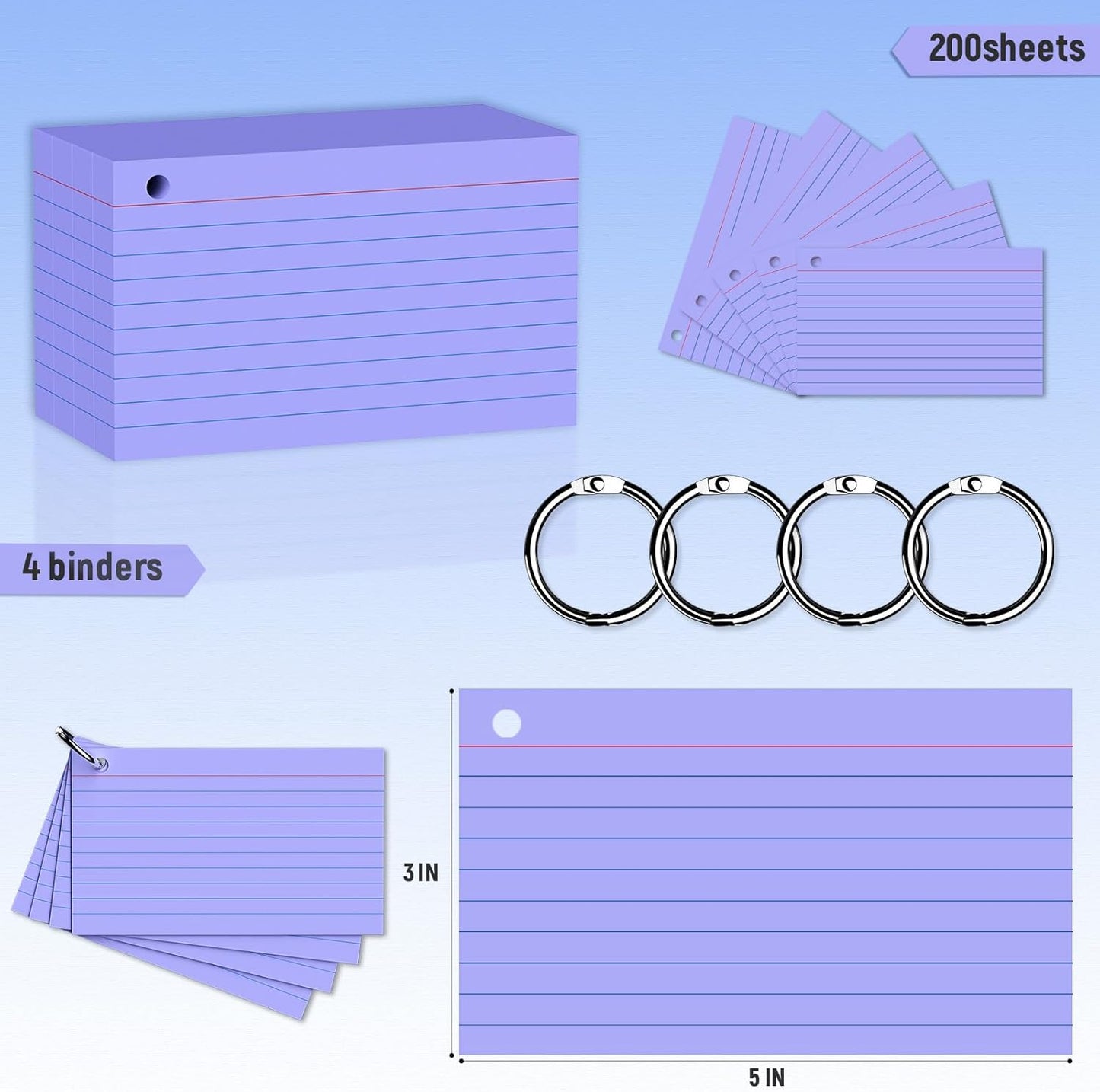 200 Count 3 x 5 Inch Purple Index Cards with Binder Rings, Lined & Blank Study Cards, Thick Cardstock Flash Cards for Students & Teachers, Color-Coded Notecards for School, Home, Work