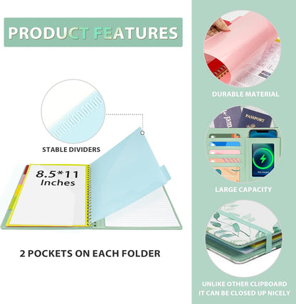 Ospelelf Clipboard with Storage for Women, Leather Padfolio Portfolio Organizer 5 Folders with 10 Pockets, Spiral Clipboard Folio with Notepad for Letter Size, Elastic Closure and Pen Loop Floral