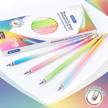 ECOTREE Pre-sharpened Pencils #2 Eco Rainbow Paper Pencil Cute Pencil for Kids Number 2 Pencils with Erasers for School, Writing, 12 Count