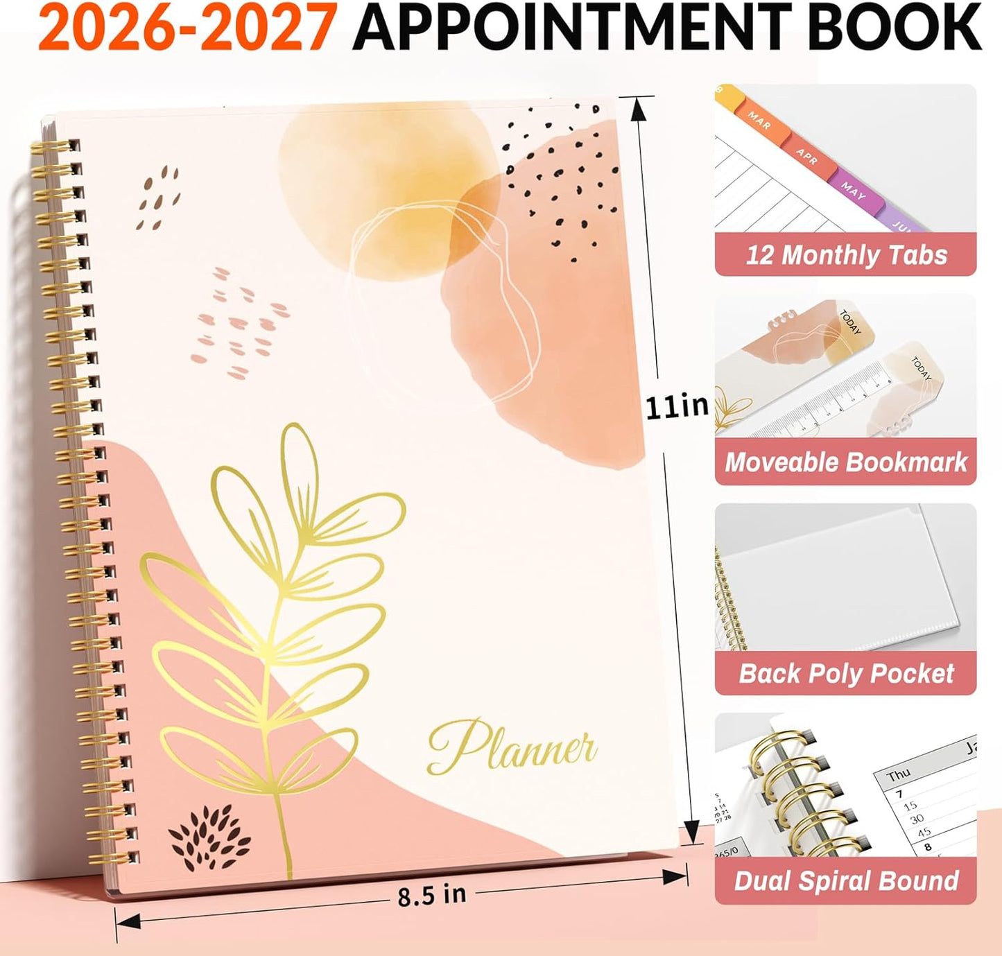 SUNEE 2026-2027 Appointment Book, Quarter-Hourly, Weekly & Monthly - from July 2026 to June 2027, 8.5"x11" Academic Planner, Flexible Cover, Note Pages, Bookmark, Spiral Binding, Black