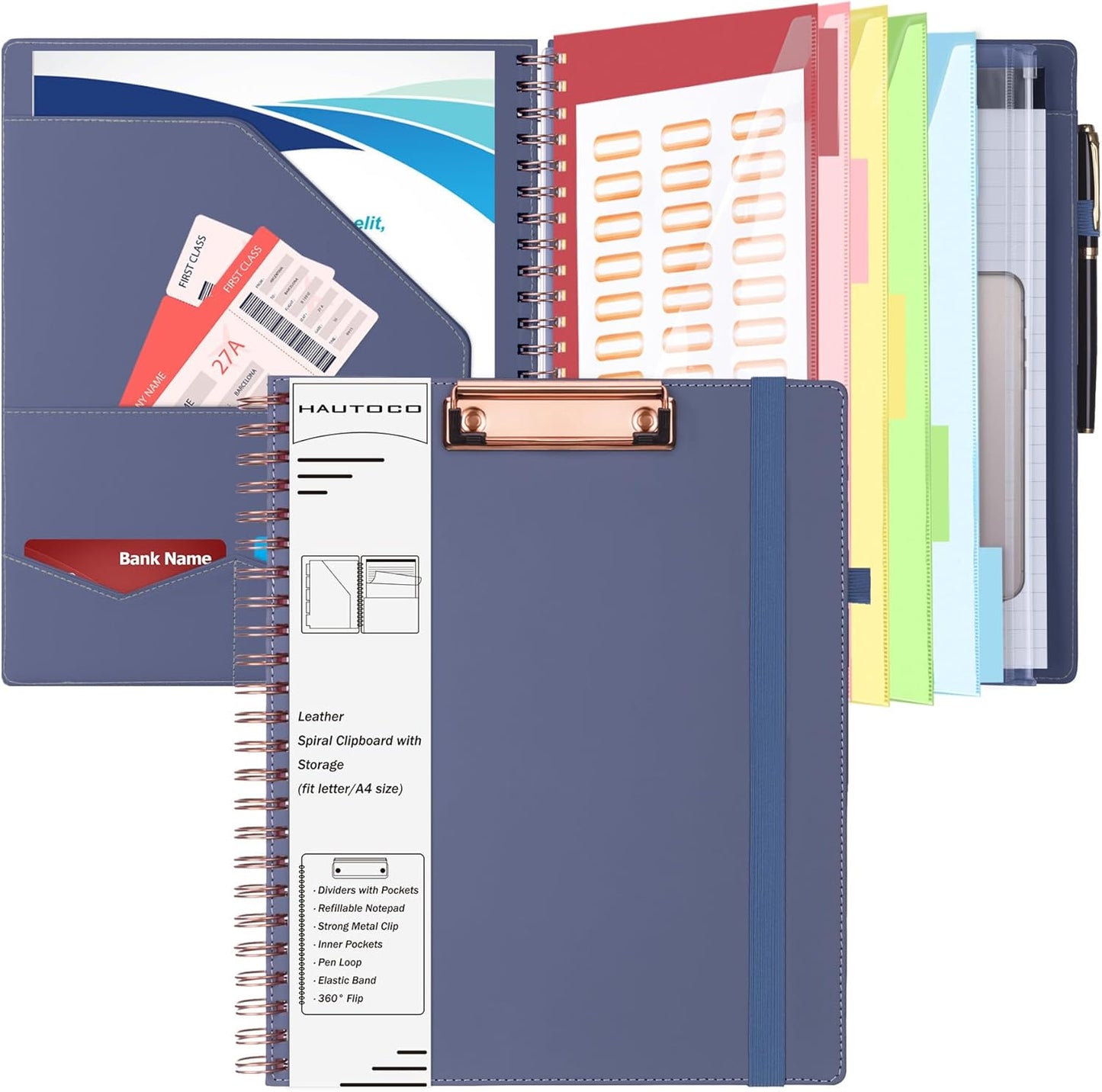 HAUTOCO Spiral Leather Clipboard Folio with Notepad (8.5 x 11''), 5 Folders with 10 Pockets, Storage Zipper Pouch, Pen Loop, 39 Stickers, Padfolio Organizer for Work School, Pink
