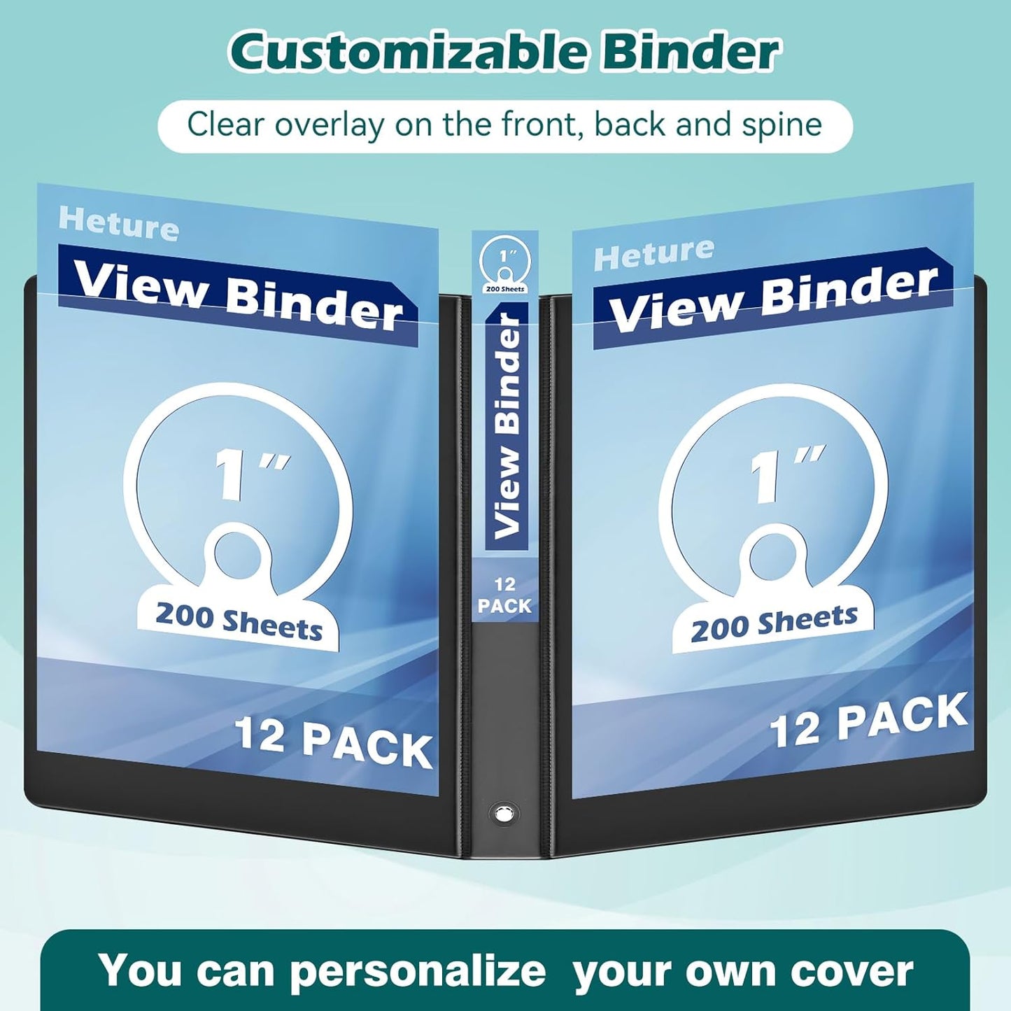 Heture 3 Ring Binder 1 Inch 12 Pack, 1" Clear View with Round Rings, PVC-Free,Holds for 200 Sheets 8.5“ x 11" US Letter Size Paper, Durable White Binders Perfect for Office,School and Home