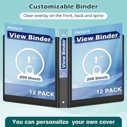 Heture 3 Ring Binder 1 Inch 12 Pack, 1" Clear View with Round Rings, PVC-Free,Holds for 200 Sheets 8.5“ x 11" US Letter Size Paper, Durable White Binders Perfect for Office,School and Home