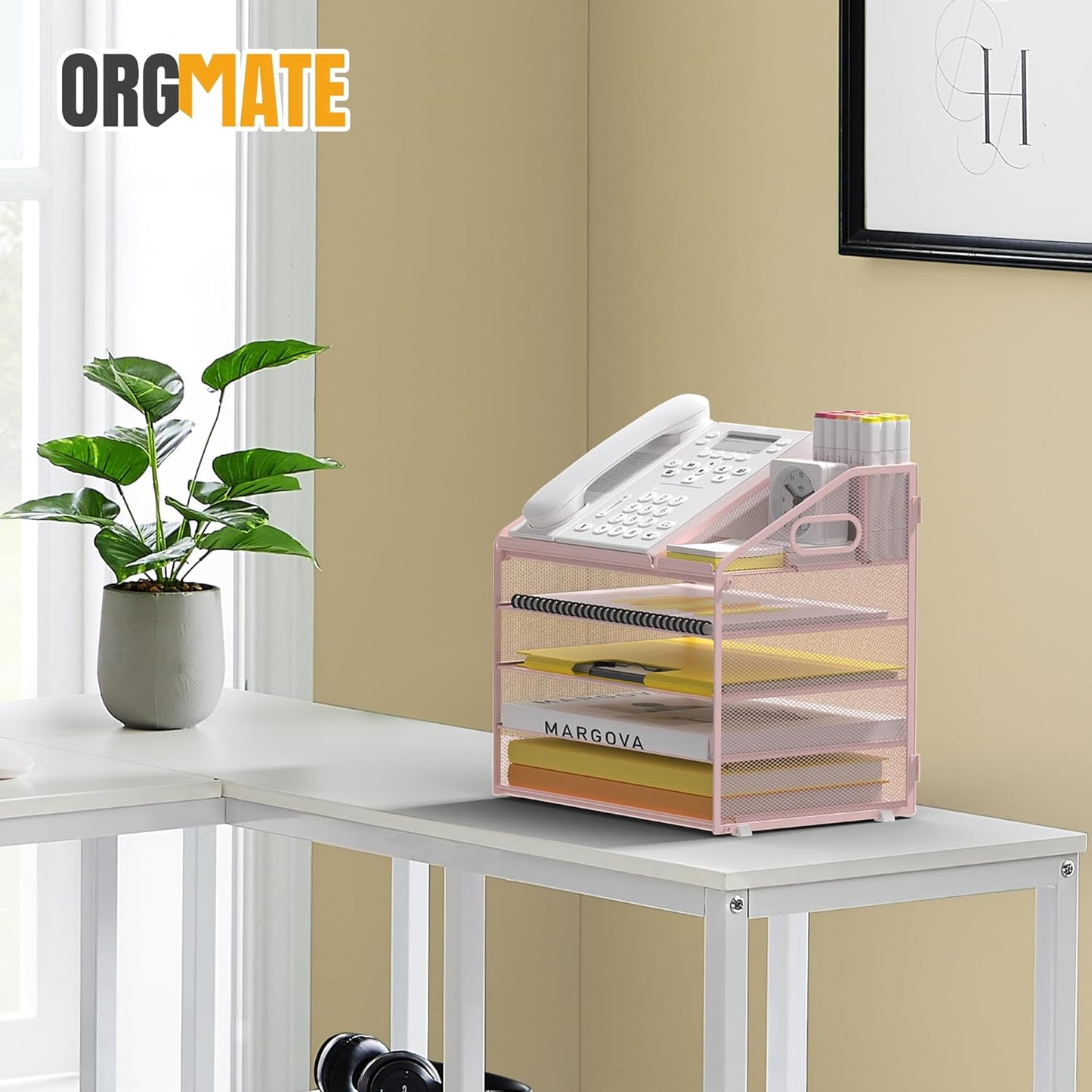 Letter Tray Paper, 4 Tier Desk Organizer with Pen Holder and Handle Mesh File Organizer Paper Sorter Metal Desktop Document Shelf for Office Home Classroom -Black