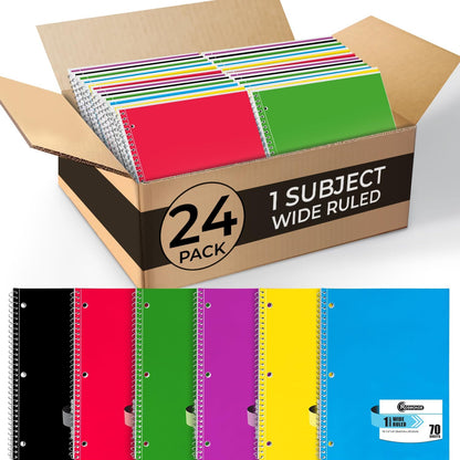 Rosmonde Spiral Notebooks, 12 Pack, 1 Subject Notebook, Wide Ruled, 70 Sheets, 8 x 10-1/2", 3 Hole Punched, School Supplies, Bulk Single Subject Spiral Notebook Bulk, Assorted Colors Pack of Notebooks