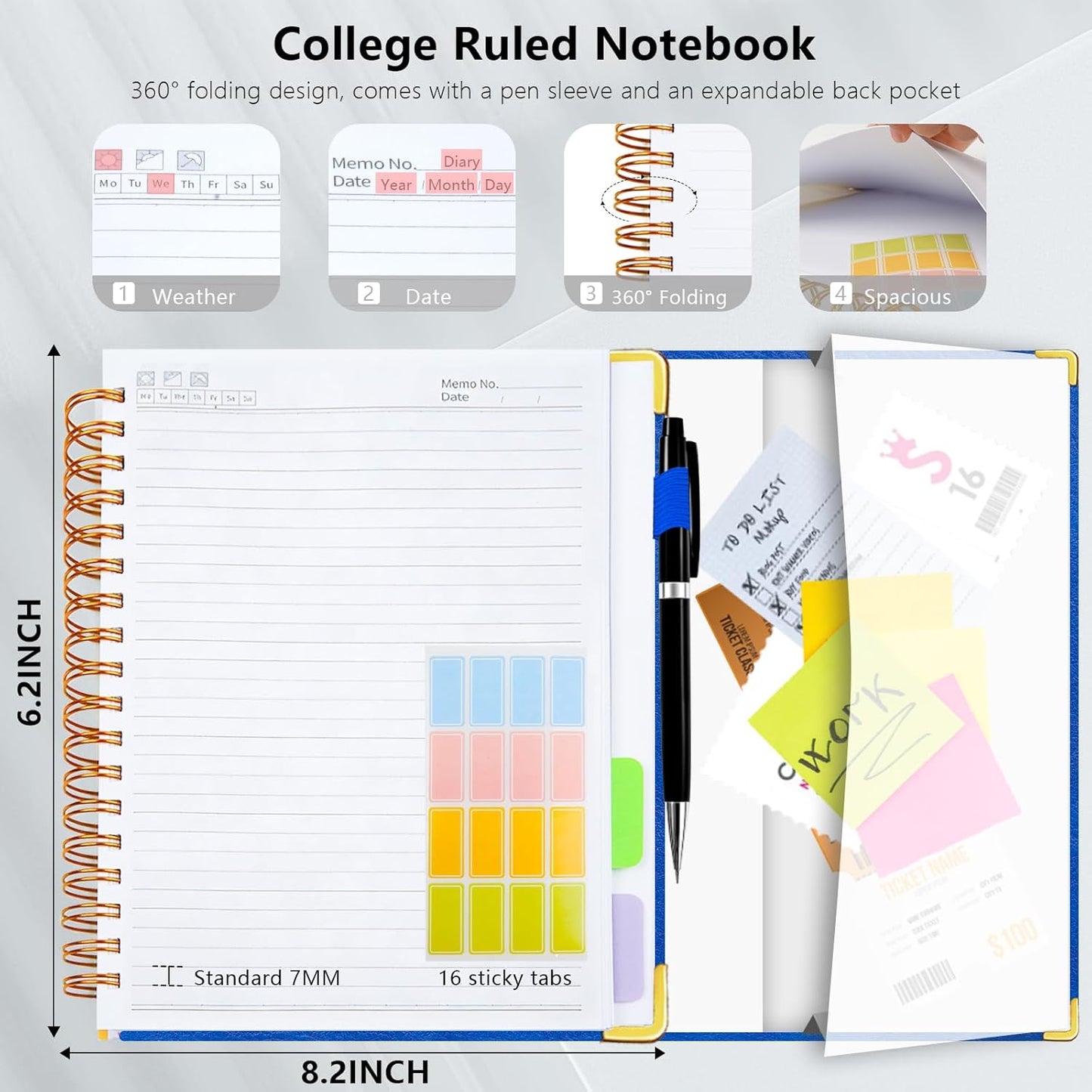 Hardcover Spiral Notebook College Ruled, 8"x10" Leather Journal Notebook with Magnetic Closure, 300 Pages 5 Subject Notebook with Dividers Tabs Journal for Women Men, Work, School(Rose Red)