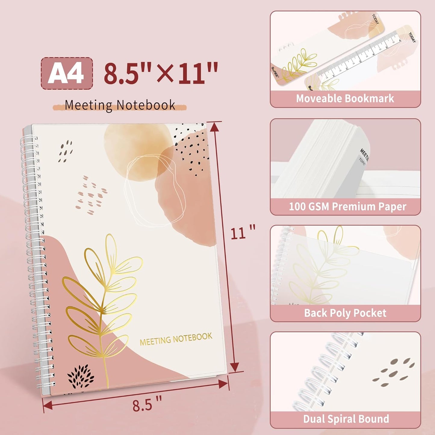 SUNEE Half Meeting Half Note - 7.5"x10" Professional Notebooks for Work - 160 Pages, B5 Size Project Planner, Spiral Meeting Agenda/Minutes Organizer for Women Men, Note Taking, Office & Business