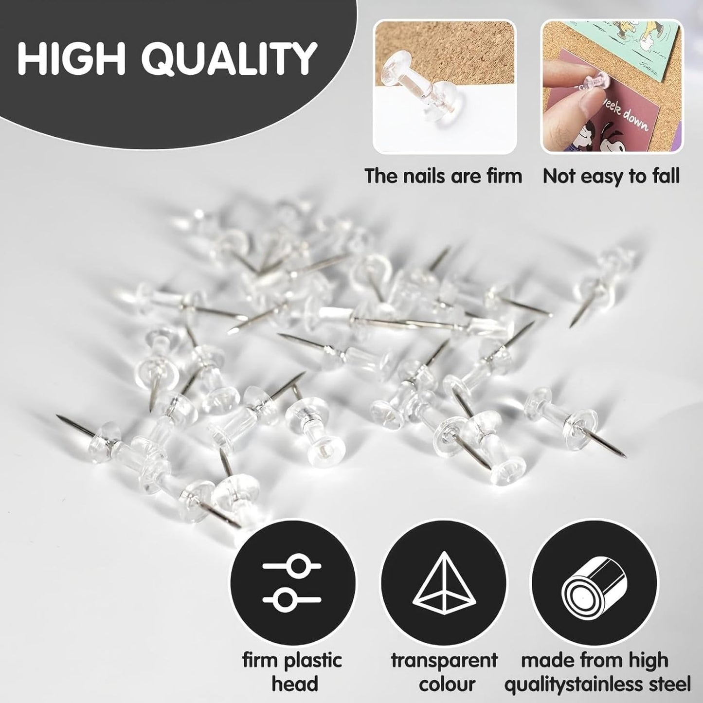 120-Pack Push Pins for Bulletin Board, Thumb Tacks with Clear Plastic Tip and Steel Tip, Portable and Durable Wall Tacks Suitable for Cork Board, Office and Daily Life