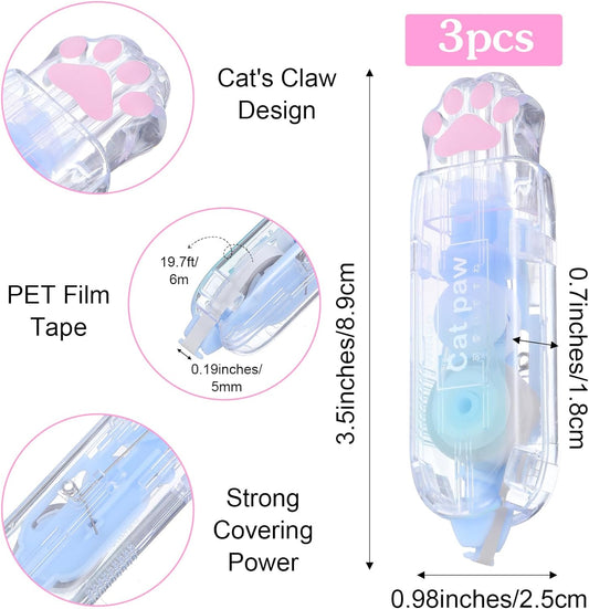 Ptwola 3 Pcs Retractable White Correction Tape Cat Paw Shape Aesthetic Pen Cute Smooth Correction Tape Mini Pen Supplies for Back to Teacher Office Accessories Easy to Use