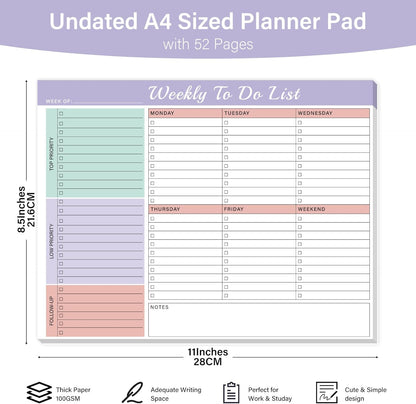 Weekly To Do List Notepad with 52 Undated Sheets（8.5"×11"）- Weekly Desk Planner Pad with Spiral Binding for Women & Man, Office, School and Home Personal Organizer