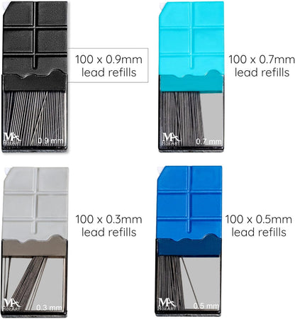 Mozart Essential Set of Lead Refills - 4 Sizes: 0.3, 0.5, 0.7 & 0.9 mm with 100 HB Lead Refills for Each - for Sketch, Architecture, Drafting, Art, Drawing Supplies, Metal Mechanical Pencils