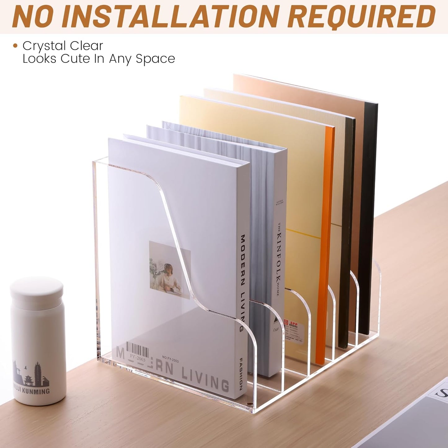 SANRUI Desk Organizer Clear Acrylic Desk Magazine File Holder with 3 Vertical Sections Magazine Rack File Organizer for Office, Home, School