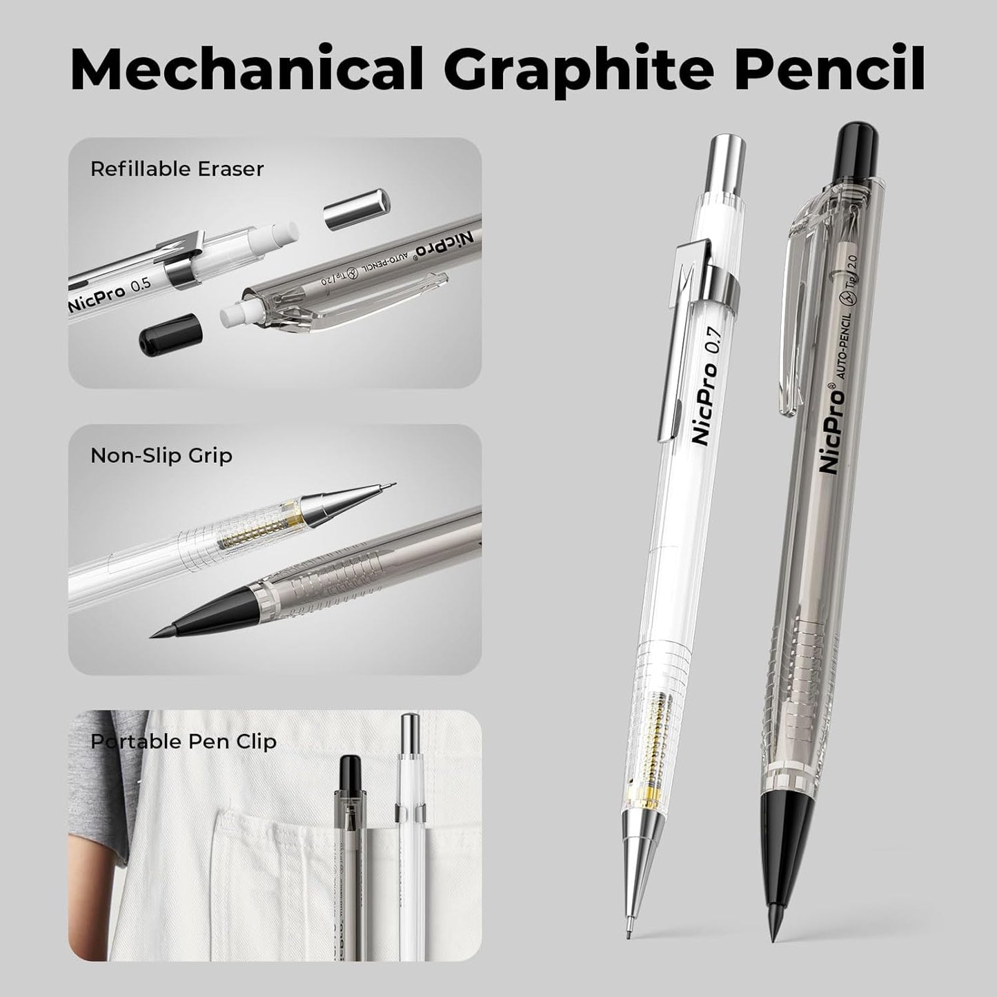 Nicpro 6PCS Art Mechanical Pencil Set, 4PCS Drafting Pencils 0.3 & 0.5 & 0.7 & 0.9 mm & 2PCS 2mm Lead Holder (4B 2B HB 2H) For Writing, Sketching Drawing With 12 Tube Lead Refills Erasers Case