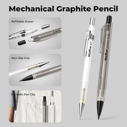 Nicpro 6PCS Art Mechanical Pencil Set, 4PCS Drafting Pencils 0.3 & 0.5 & 0.7 & 0.9 mm & 2PCS 2mm Lead Holder (4B 2B HB 2H) For Writing, Sketching Drawing With 12 Tube Lead Refills Erasers Case